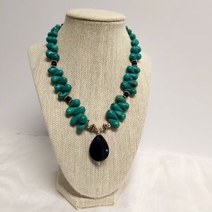 Turquoise pear, onyx rounds and faceted onyx pendant